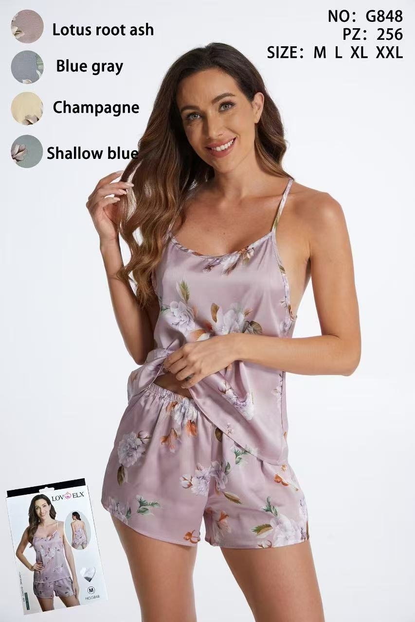 G848 Σατέν Baby doll 吊带仿真丝睡衣