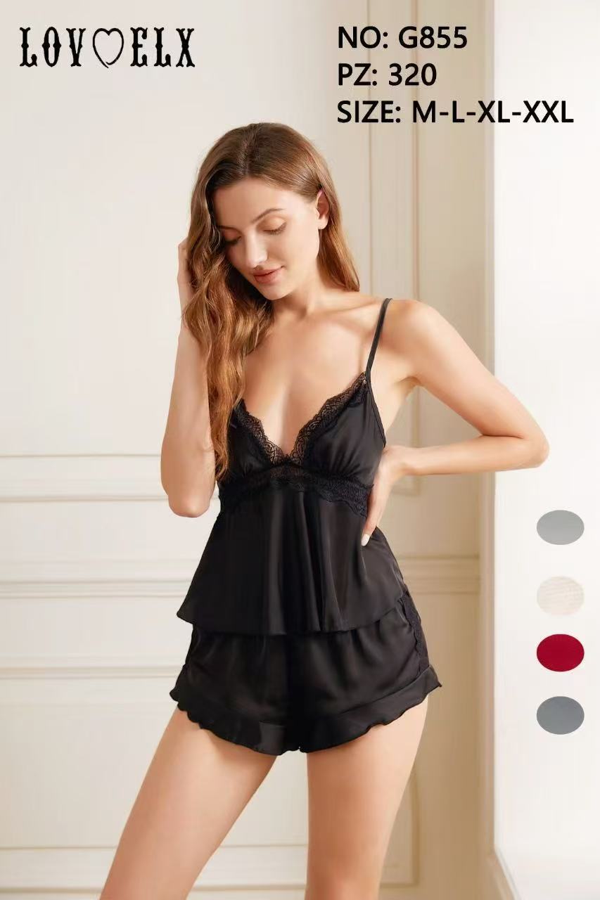 G855 Σατέν Baby doll 吊带仿真丝睡衣